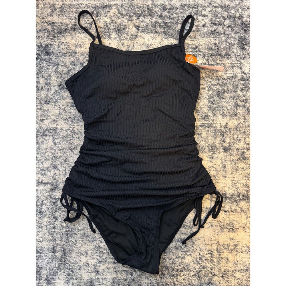 NWT Charmo Black Ribbed Drawstring Long Torso One-Piece Swimsuit M